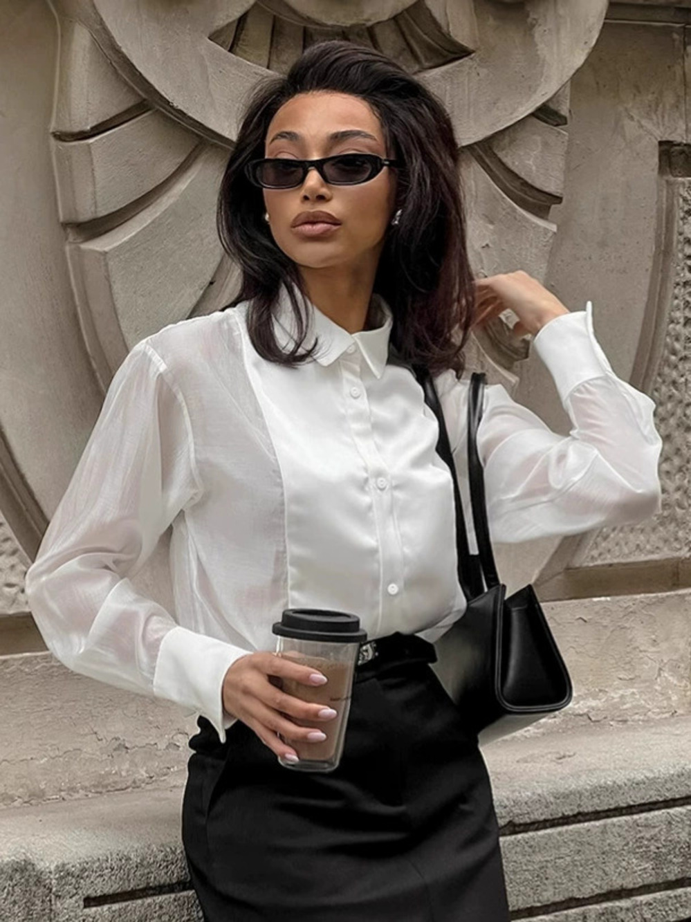 Forever 21 White Patchwork Collar Blouse Summer Office Long Sleeve